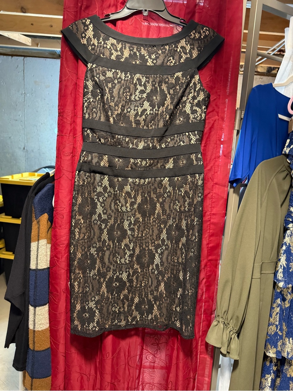 Adrianna Papell Black Lace Midi Sheath Dress with Illusion Yoke - Picture 2 of 6